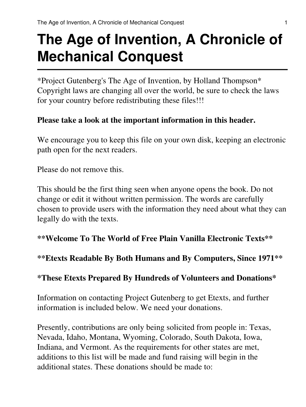 The Age of Invention, a Chronicle of Mechanical Conquest 1 the Age of Invention, a Chronicle of Mechanical Conquest