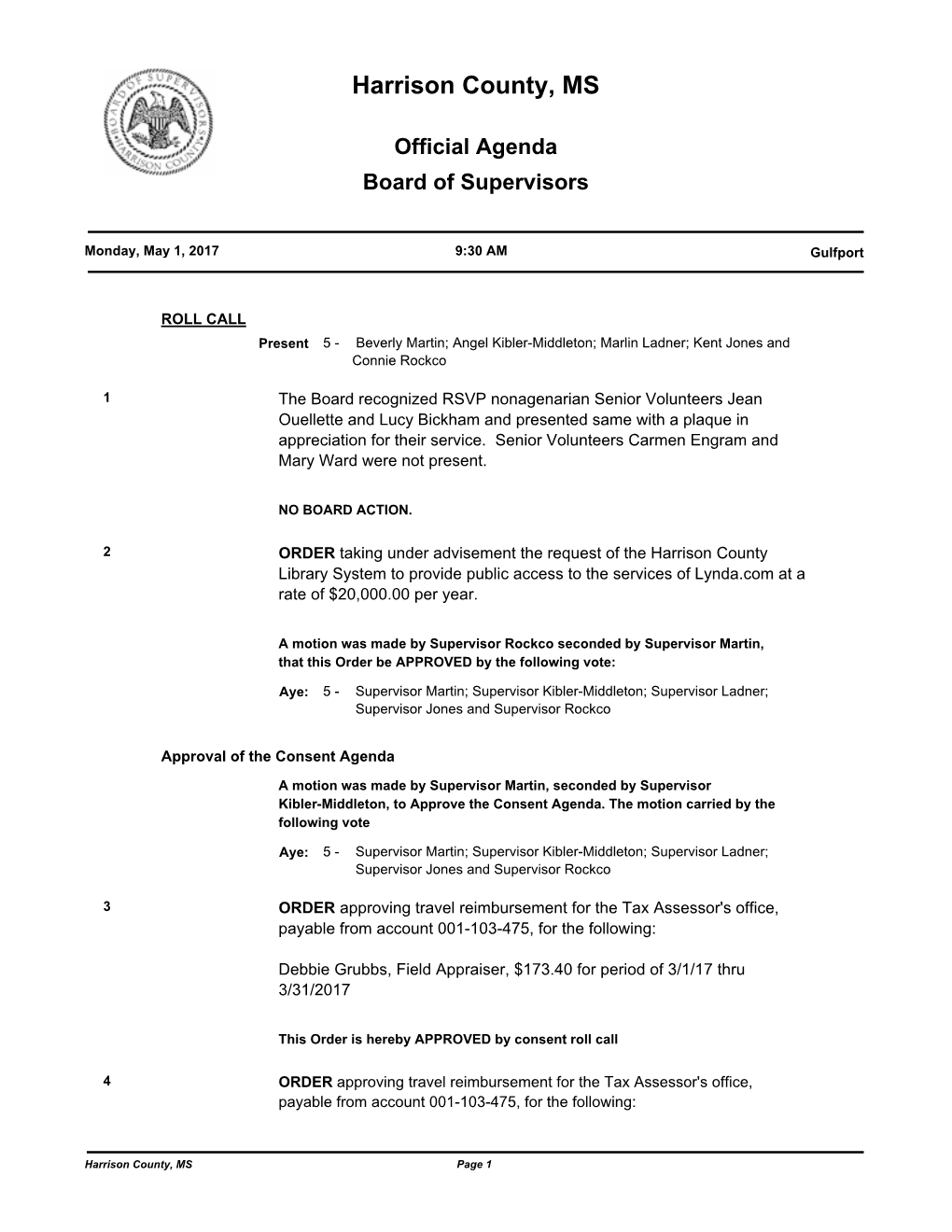 Official Agenda Board of Supervisors