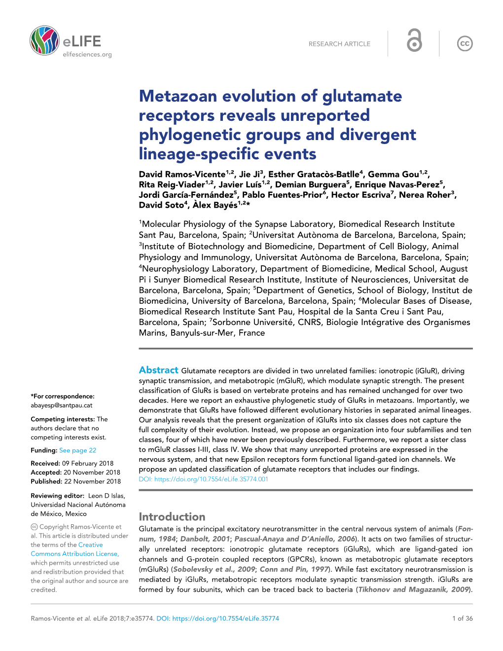 Metazoan Evolution of Glutamate Receptors Reveals Unreported