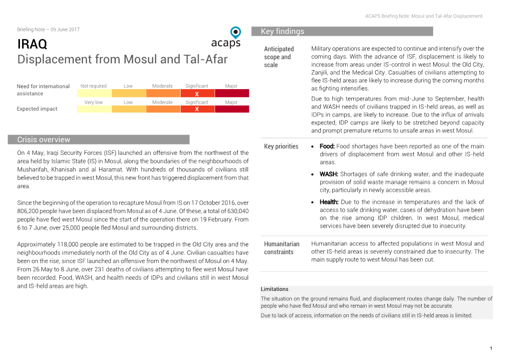 Displacement from Mosul and Tal-Afar Scale Increase from Areas Under IS-Control in West Mosul: the Old City