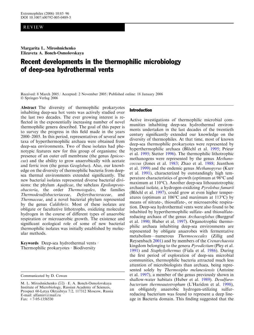 Recent Developments in the Thermophilic Microbiology of Deep-Sea Hydrothermal Vents