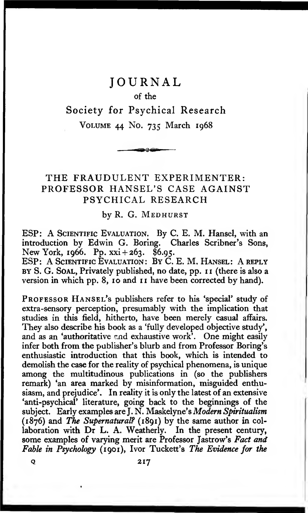 The Fraudulent Experimenter: Professor Hansel's Case Against Psychical Research