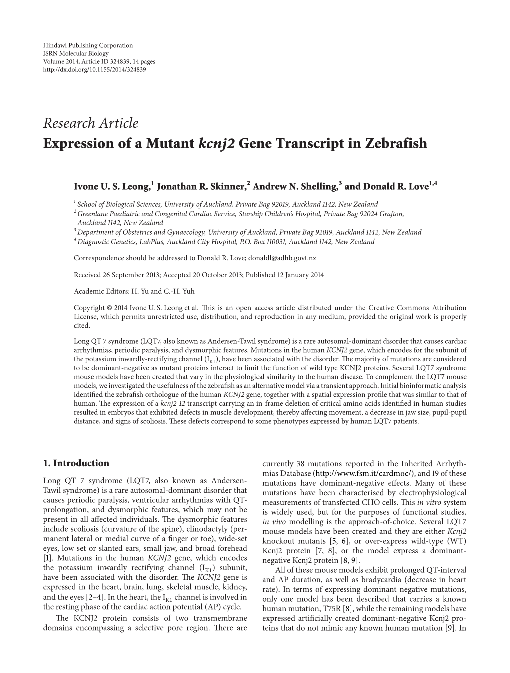 Expression of a Mutant Kcnj2 Gene Transcript in Zebrafish