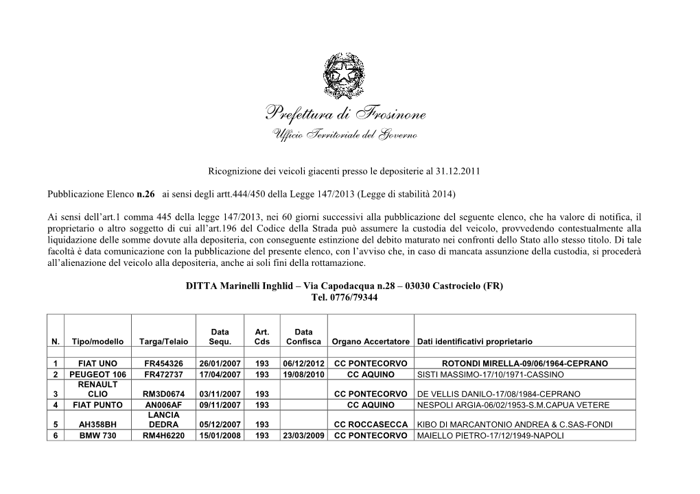 Prefettura Di Frosinone Ufficio Territoriale Del Governo