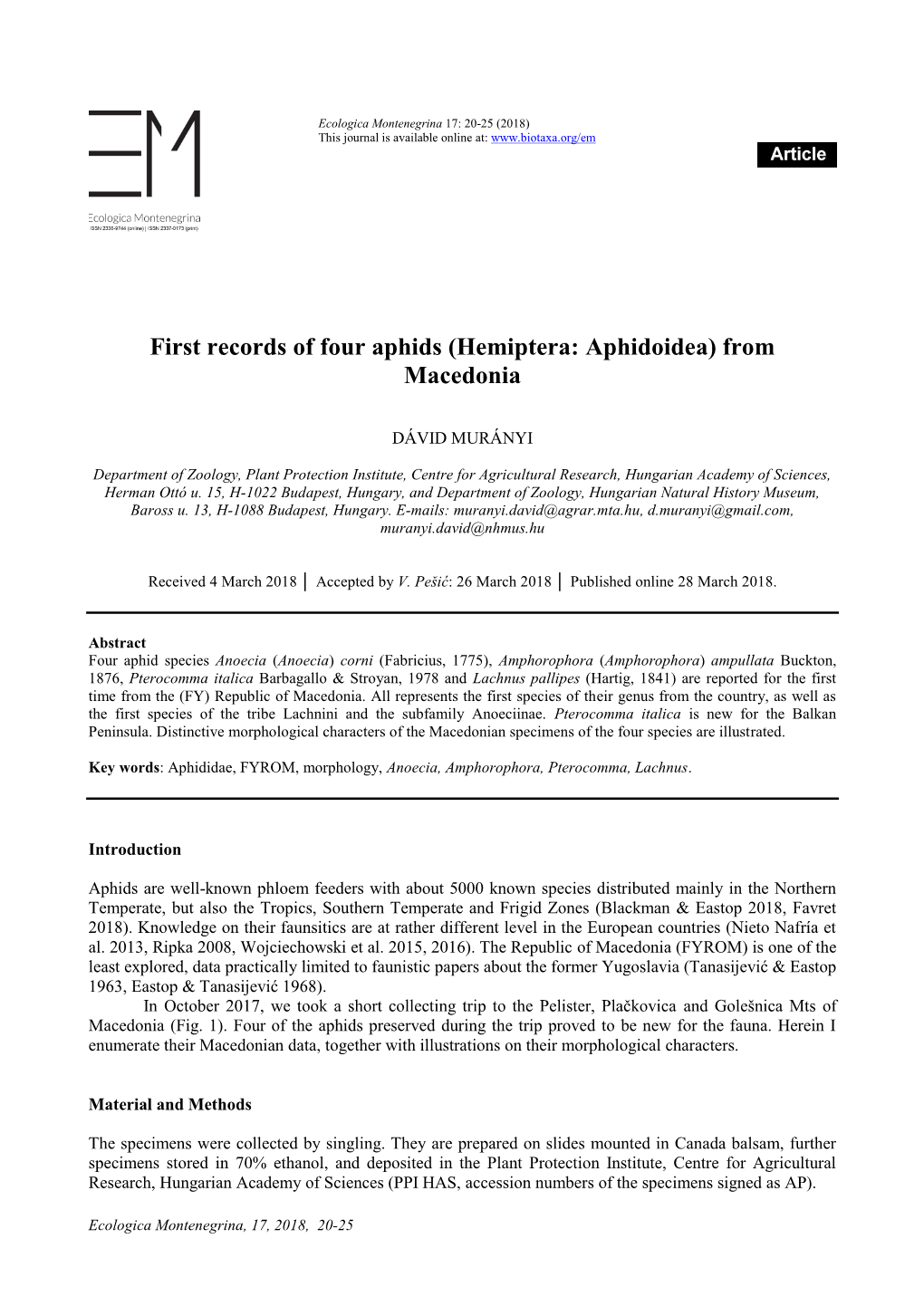 First Records of Four Aphids (Hemiptera: Aphidoidea) from Macedonia