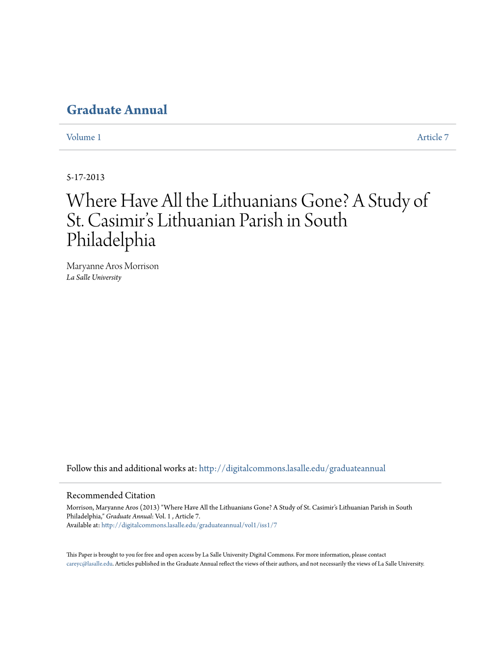 A Study of St. Casimir's Lithuanian Parish in South Philadelphia