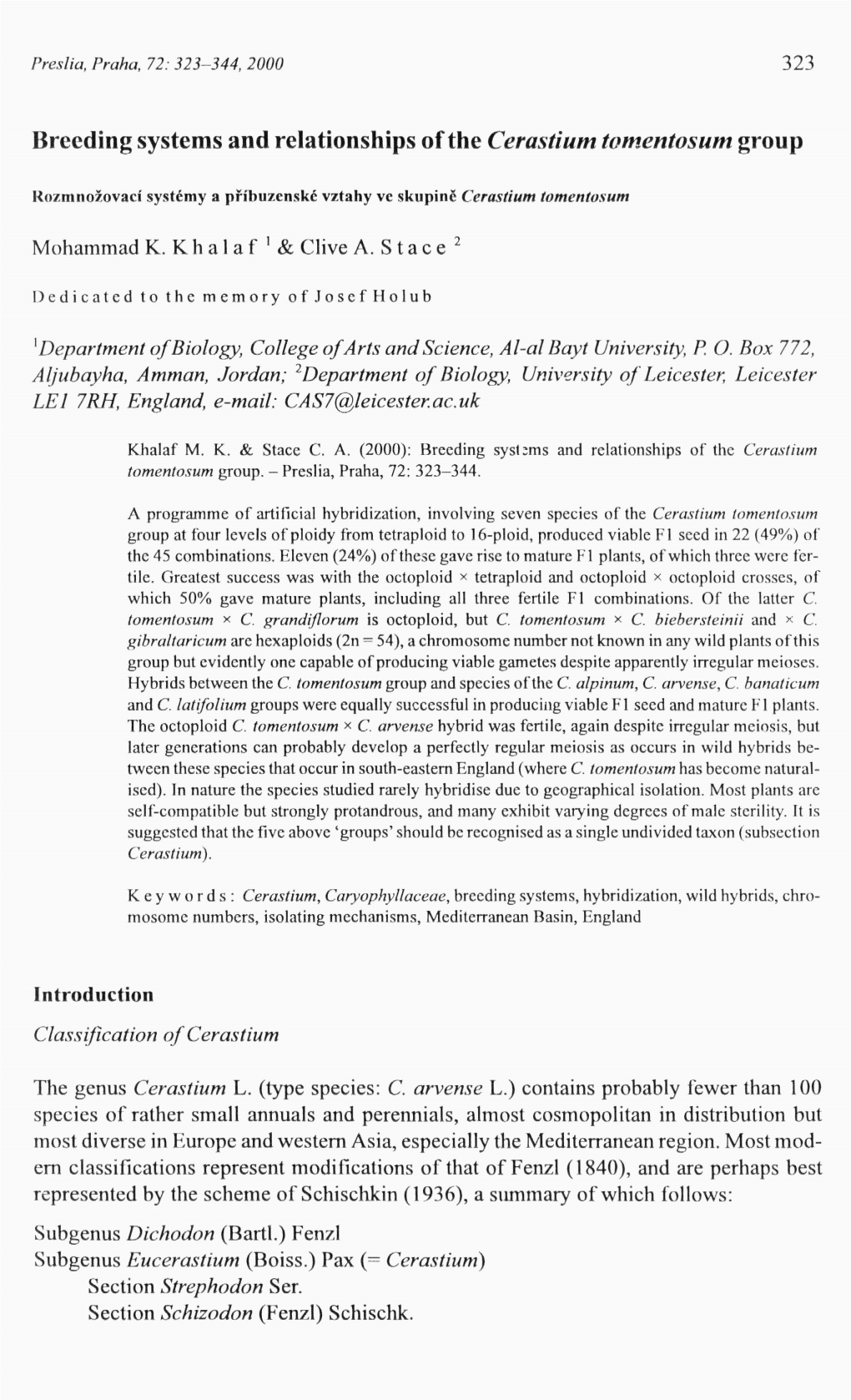 Breeding Systems and Relationship of the Cerastium Tomentosum Group