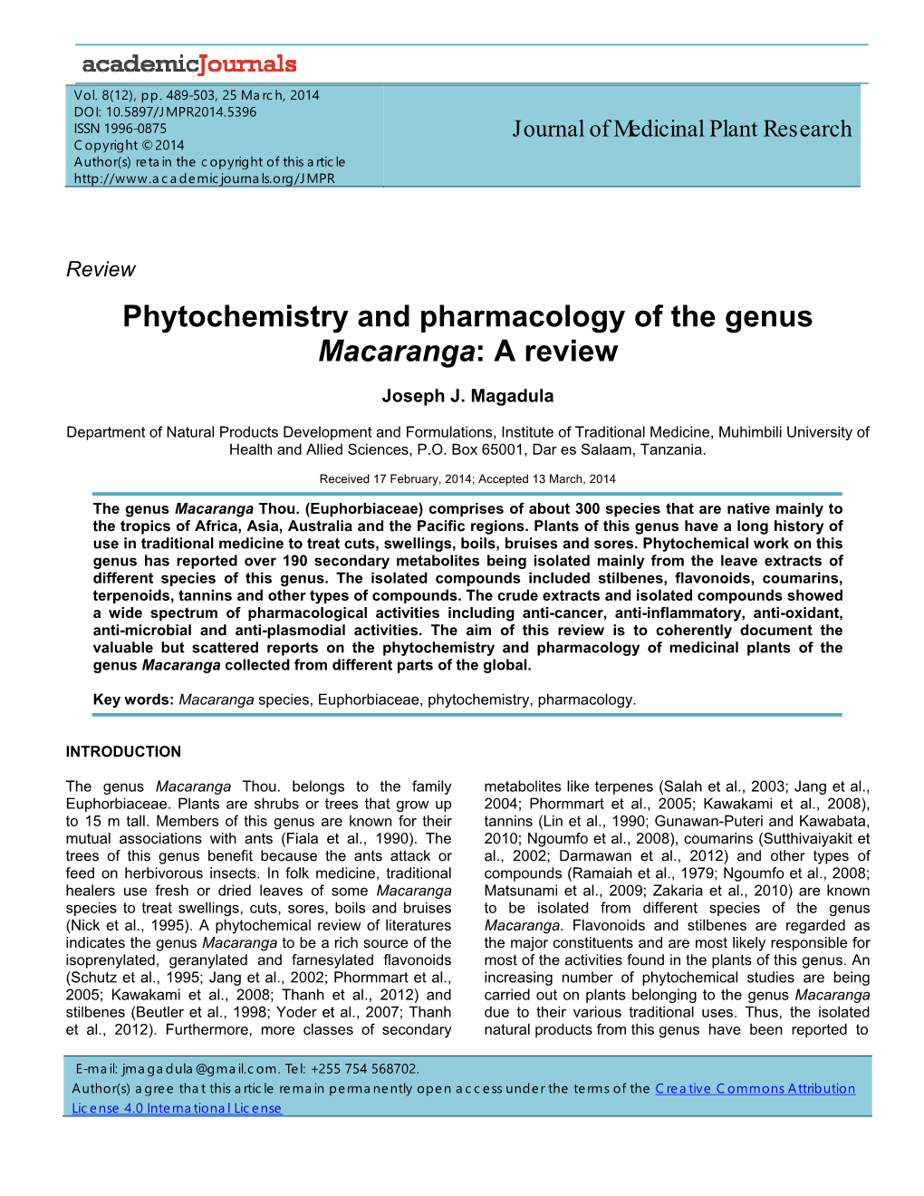 Phytochemistry and Pharmacology of the Genus Macaranga: a Review