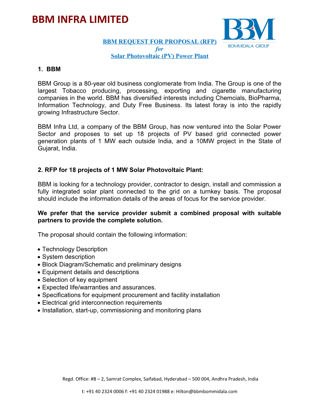 Bbm Request for Proposal (Rfp)