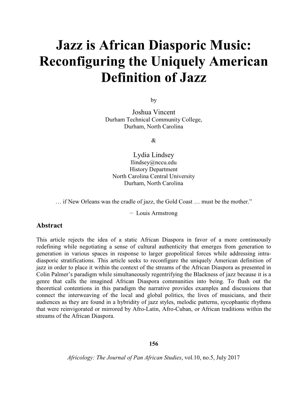 Jazz Is African Diasporic Music: Reconfiguring the Uniquely American Definition of Jazz