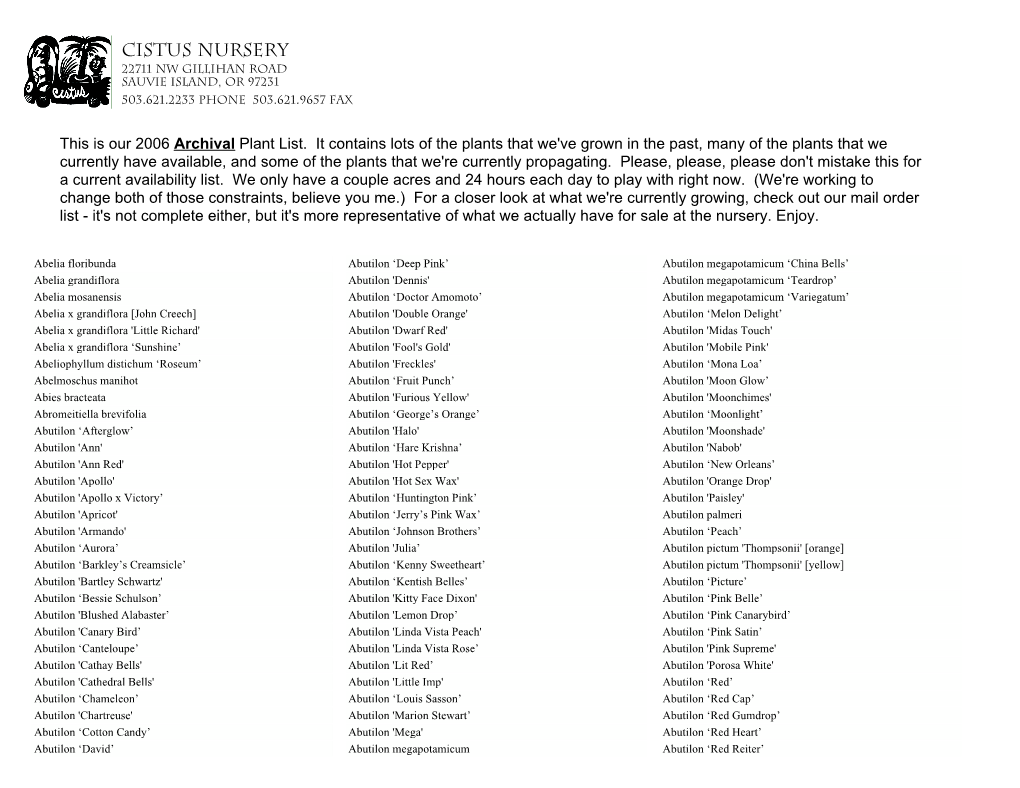 Archival Plant List 2006