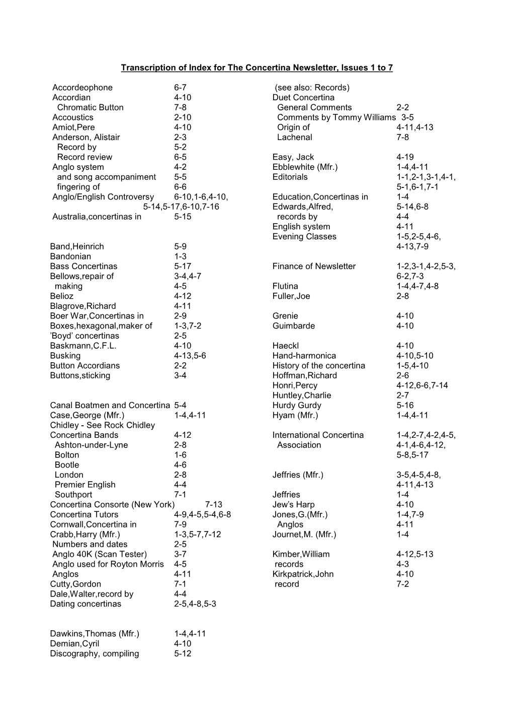 Transcription of Index for the Concertina Newsletter, Issues 1 to 7