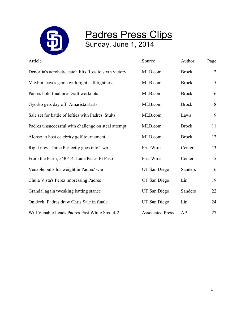 Padres Press Clips Sunday, June 1, 2014