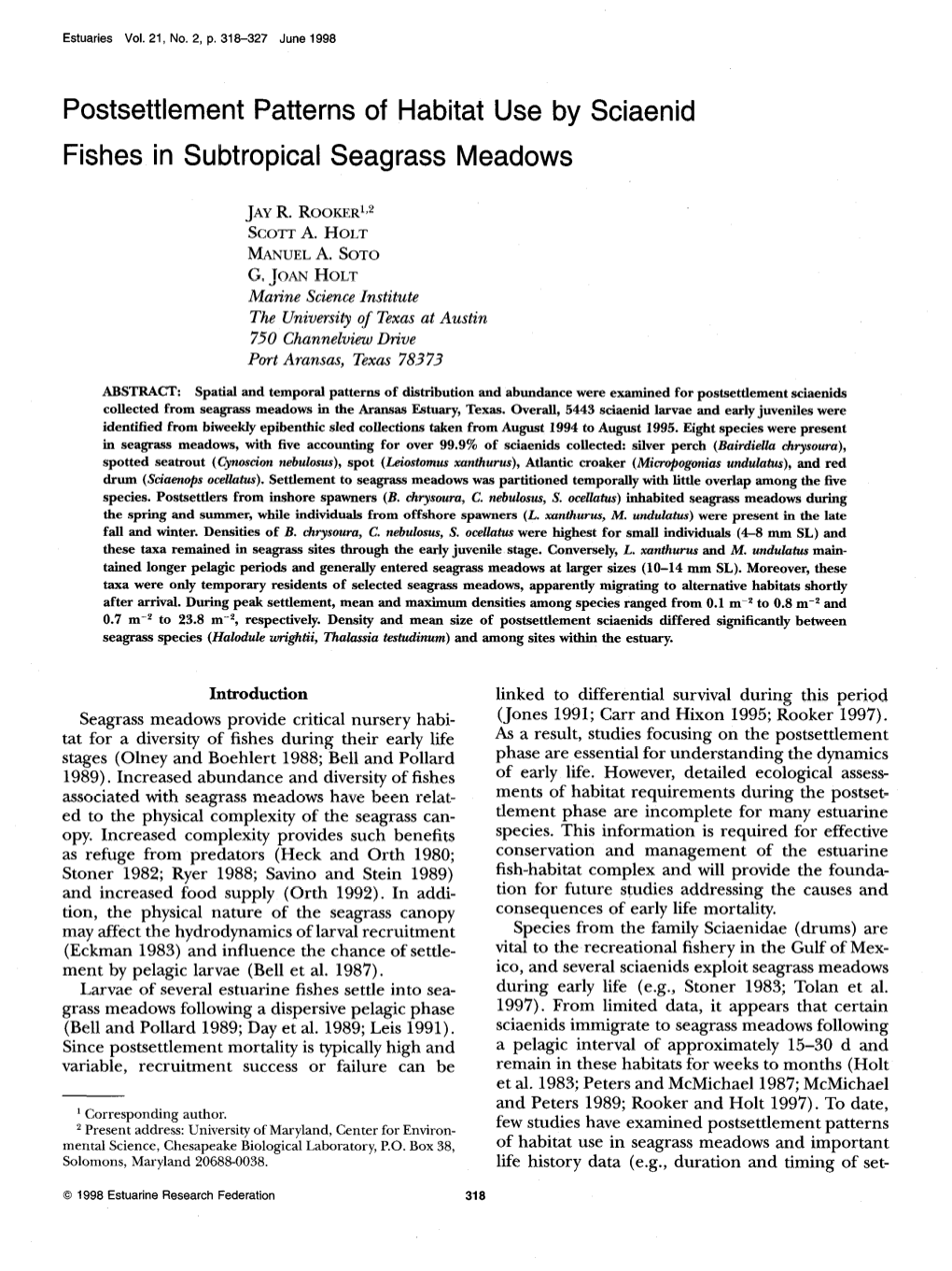 Postsettlement Patterns of Habitat Use by Sciaenid Fishes in Subtropical Seagrass Meadows