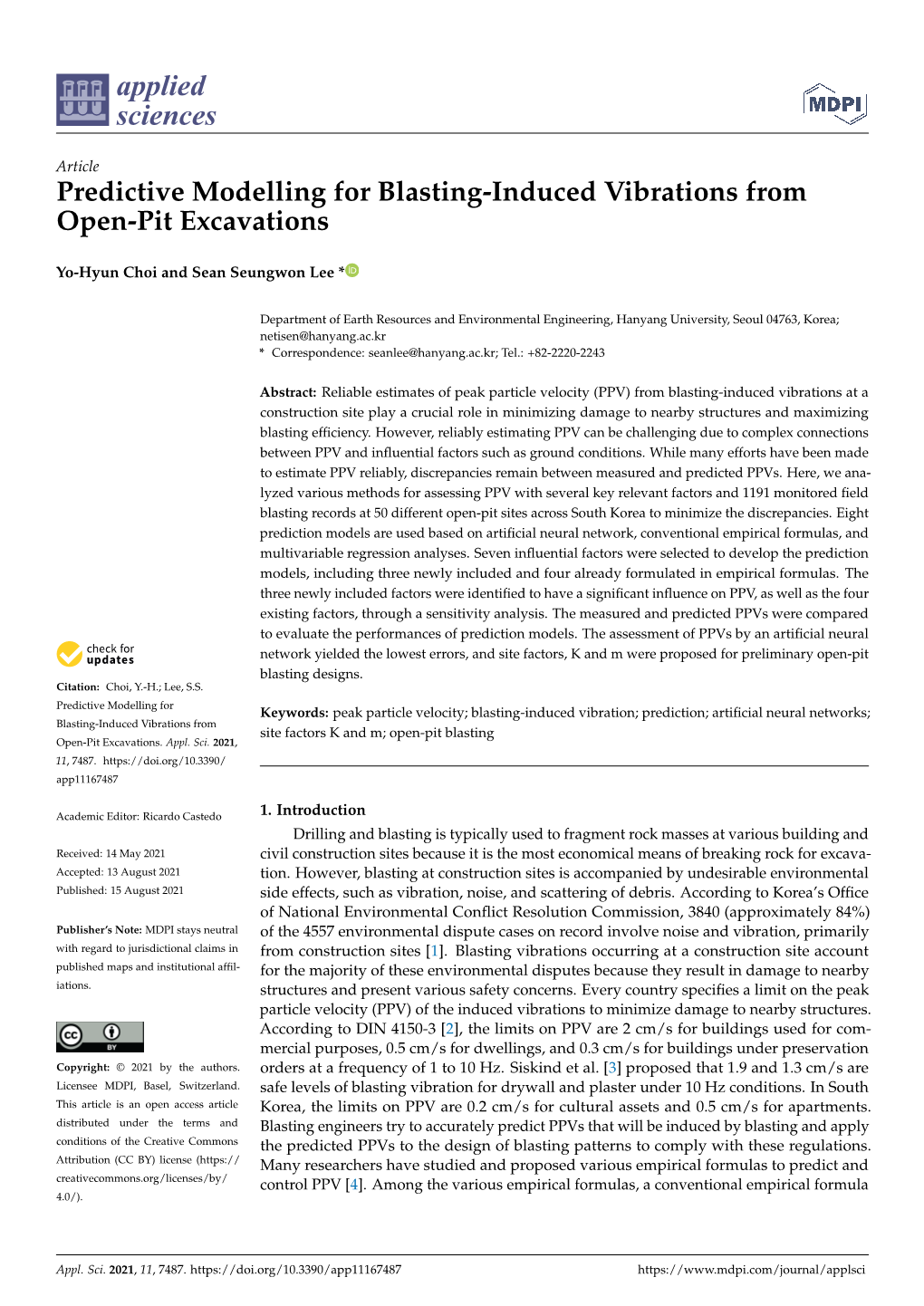 Predictive Modelling for Blasting-Induced Vibrations from Open-Pit Excavations