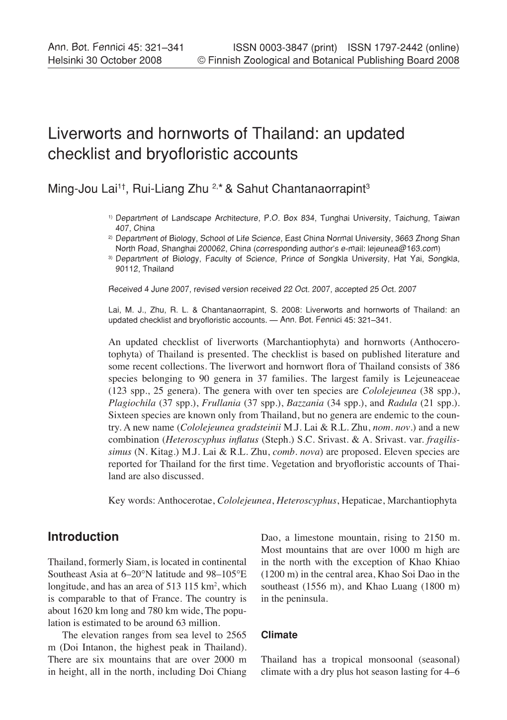 Liverworts and Hornworts of Thailand: an Updated Checklist and Bryofloristic Accounts