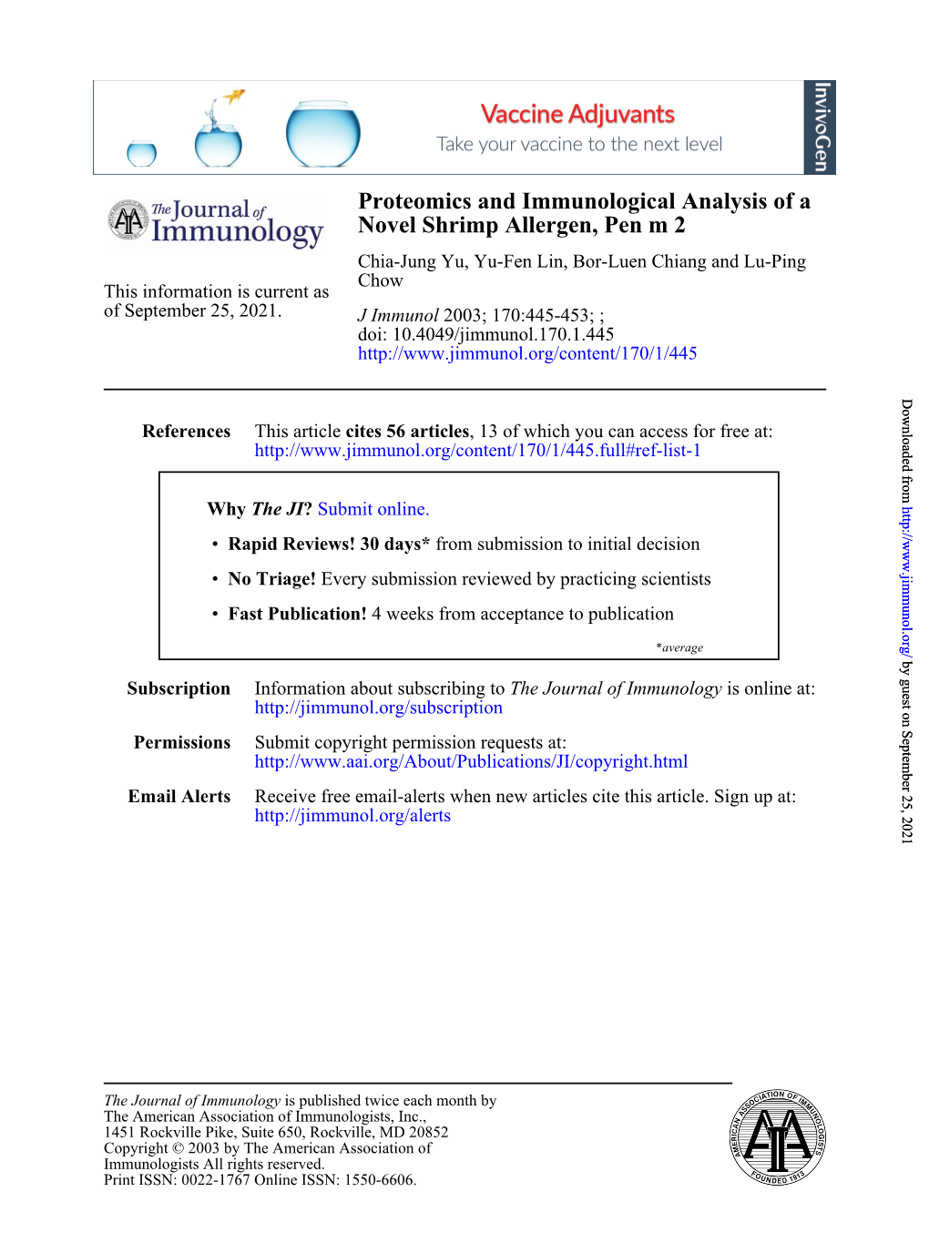 Novel Shrimp Allergen, Pen M 2 Proteomics and Immunological