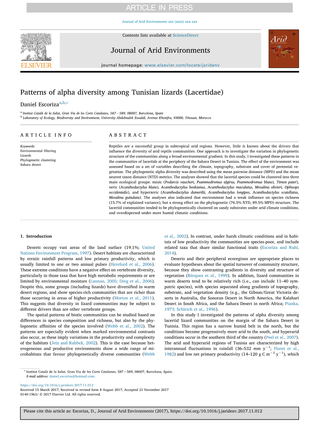 Patterns of Alpha Diversity Among Tunisian Lizards (Lacertidae)