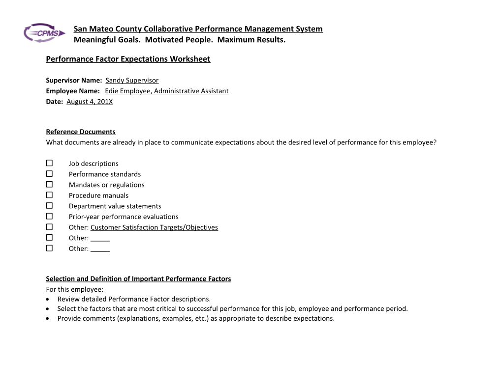 Performance Factor Expectations Worksheet