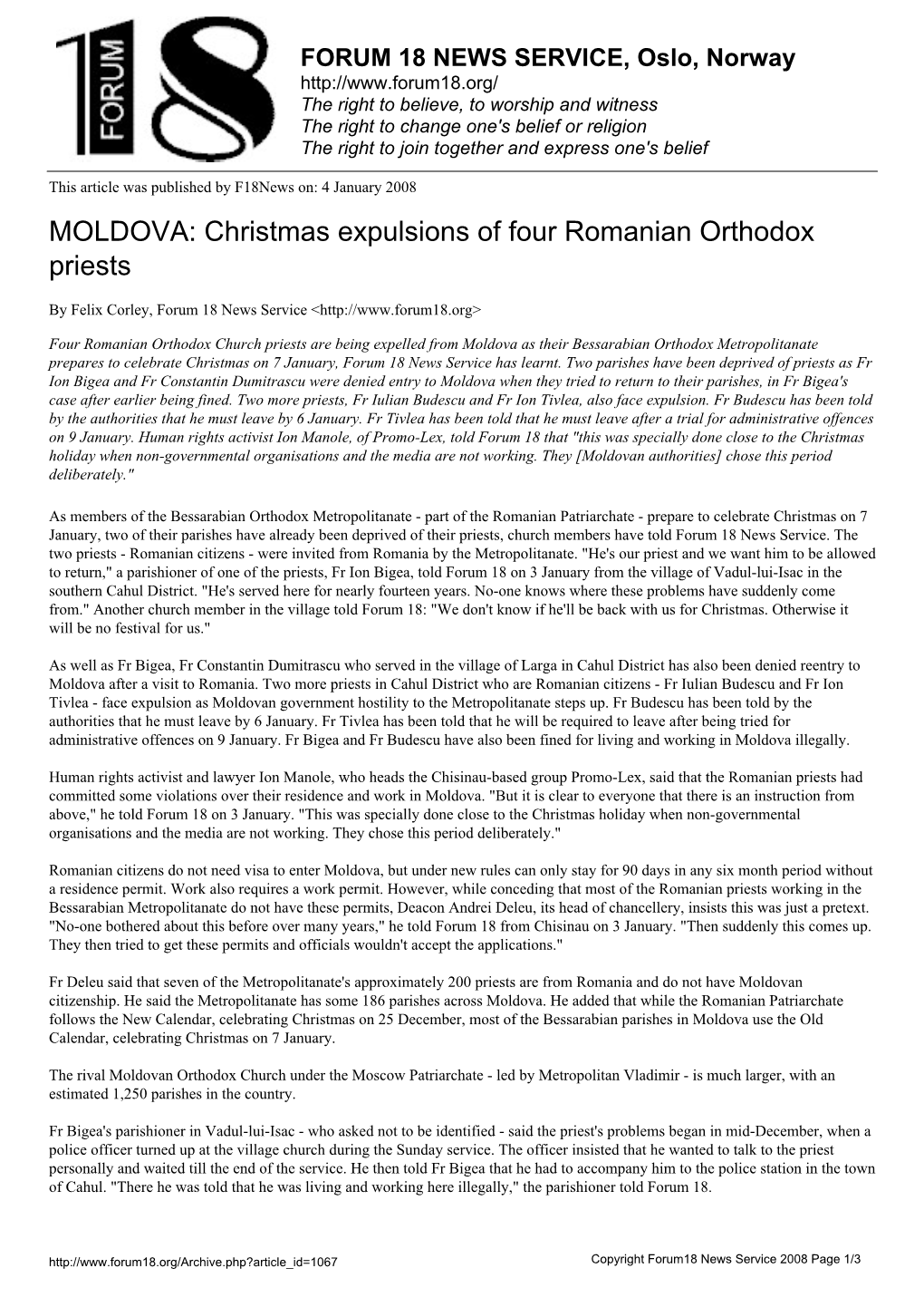 MOLDOVA: Christmas Expulsions of Four Romanian Orthodox Priests