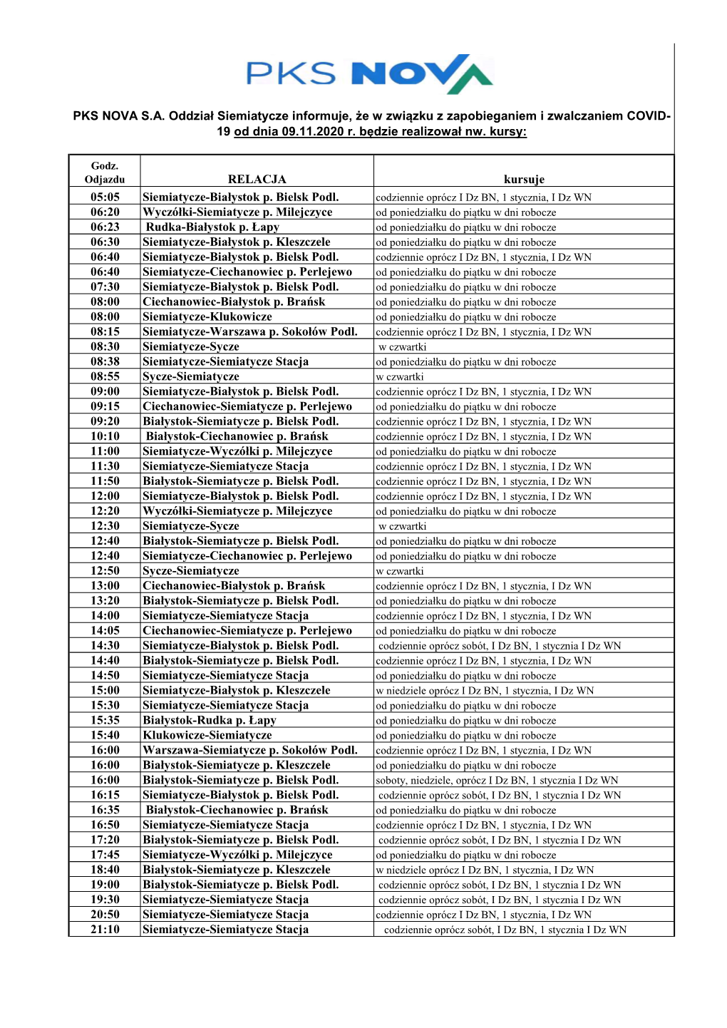 RELACJA Kursuje 05:05 Siemiatycze-Białystok P. Bielsk Podl. Codziennie Oprócz I Dz BN, 1 Stycznia, I Dz WN 06:20 Wyczółki-Siemiatycze P