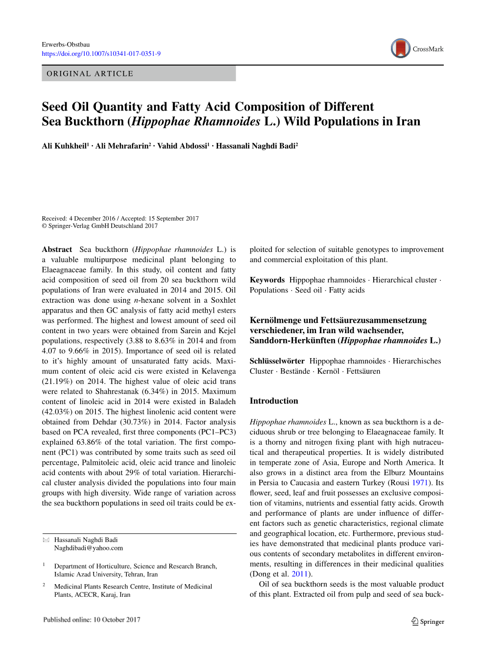 Seed Oil Quantity and Fatty Acid Composition of Different Sea Buckthorn (Hippophae Rhamnoides L.) Wild Populations in Iran