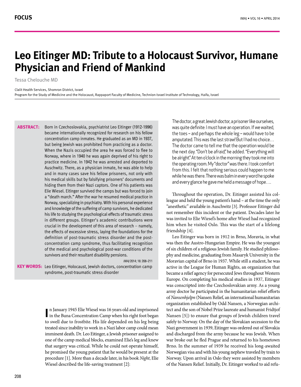 Leo Eitinger MD: Tribute to a Holocaust Survivor, Humane Physician and Friend of Mankind Tessa Chelouche MD