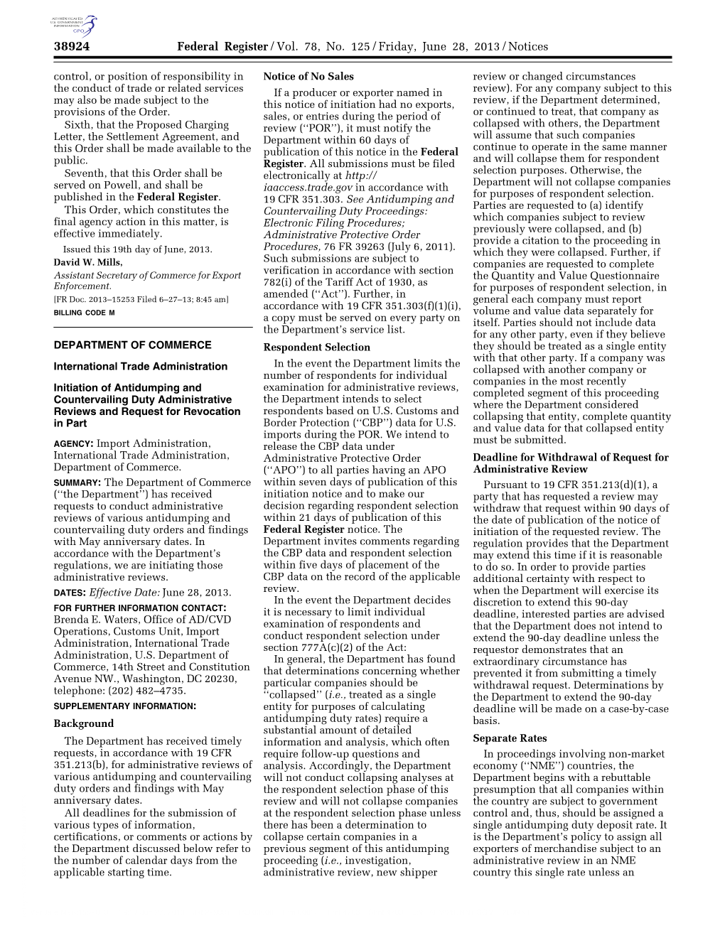 Federal Register/Vol. 78, No. 125/Friday, June 28, 2013/Notices