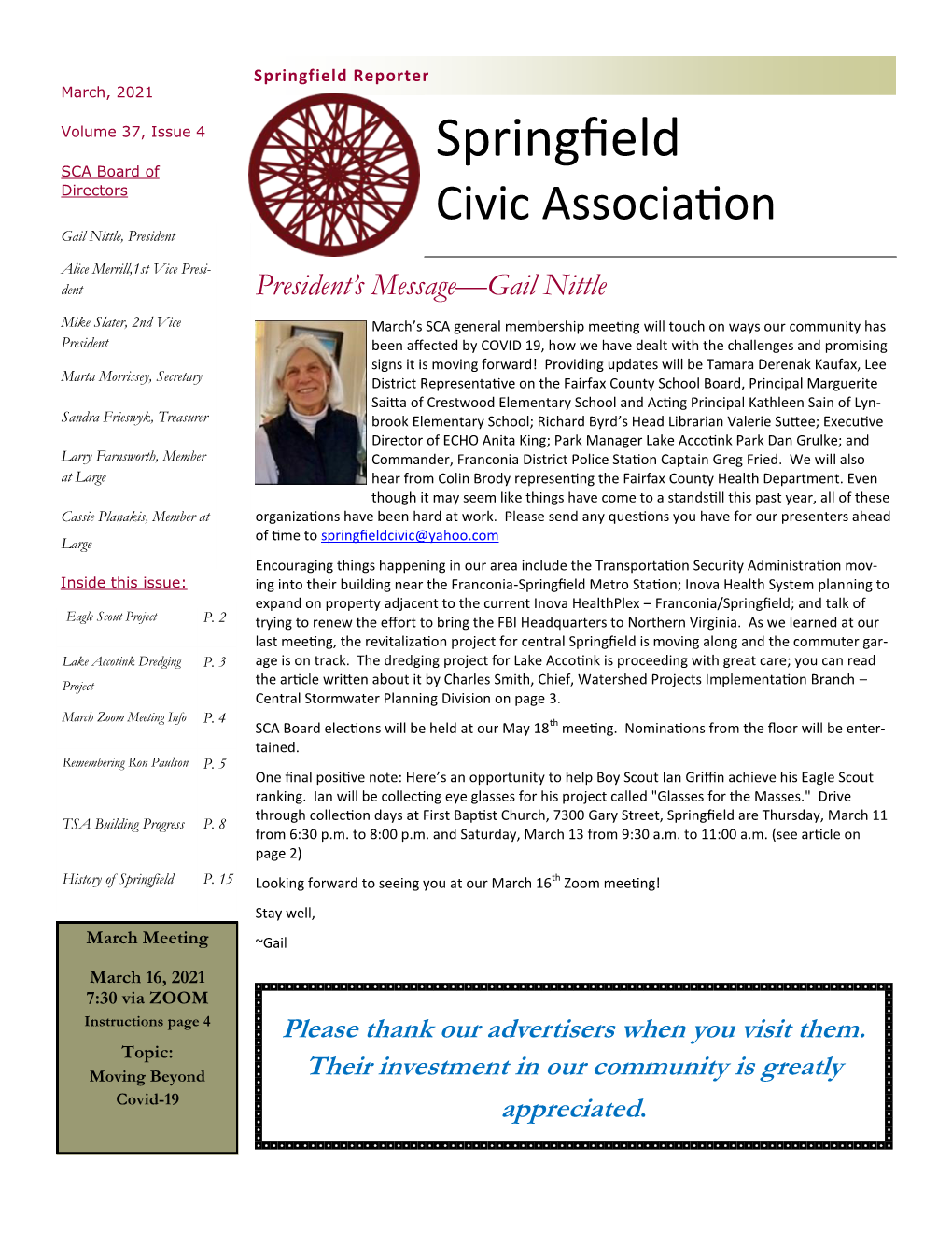 March, 2021 Volume 37, Issue 4 Springfield SCA Board of Directors Civic Association Gail Nittle, President