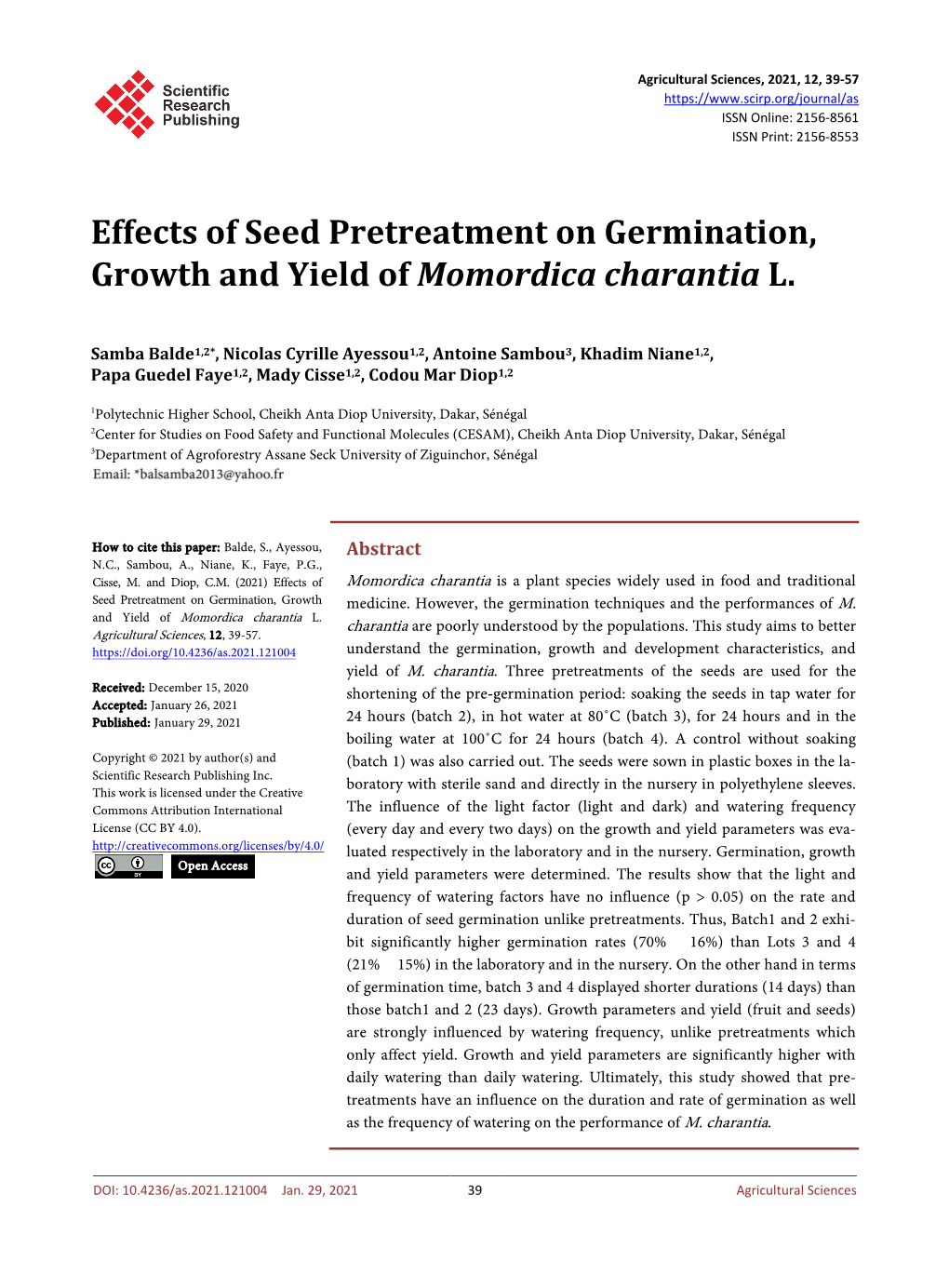 Effects of Seed Pretreatment on Germination, Growth and Yield of Momordica Charantia L