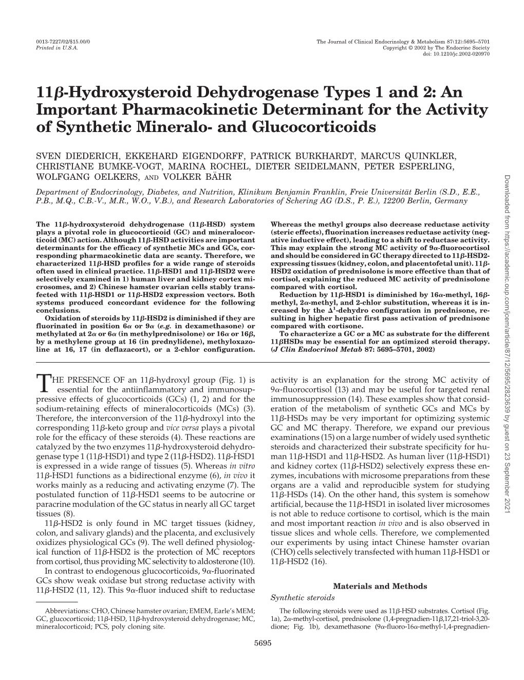 11 -Hydroxysteroid Dehydrogenase Types 1 and 2: an Important Pharmacokinetic Determinant for the Activity of Synthetic Mineralo