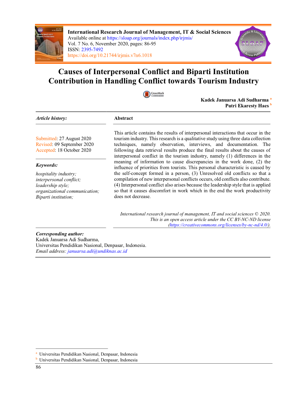 Causes of Interpersonal Conflict and Biparti Institution Contribution in Handling Conflict Towards Tourism Industry