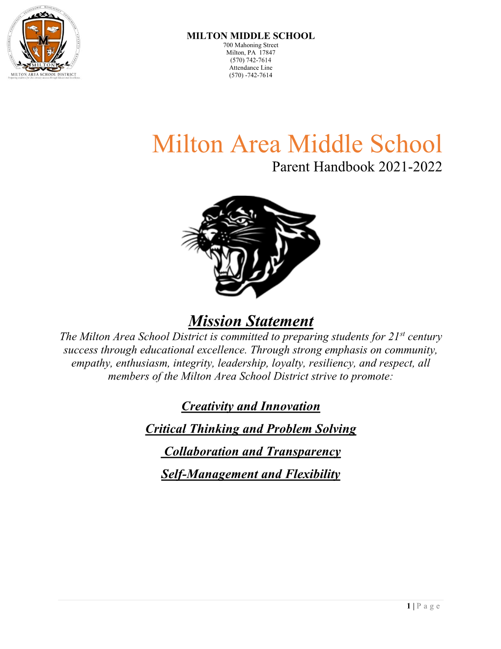 Milton Area Middle School Parent Handbook 2021-2022