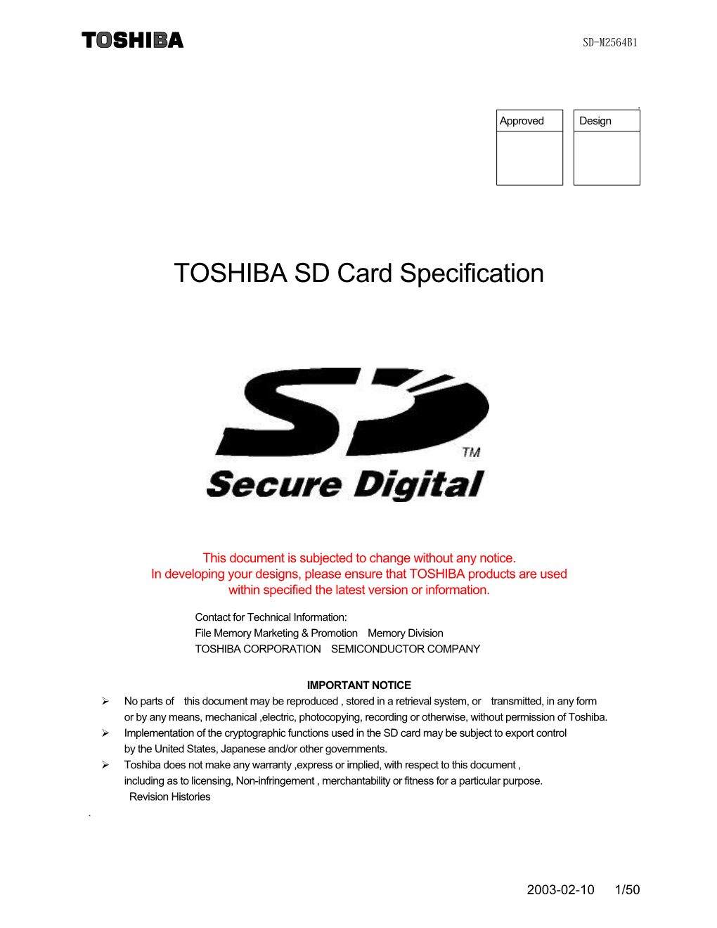 TOSHIBA SD Card Specification