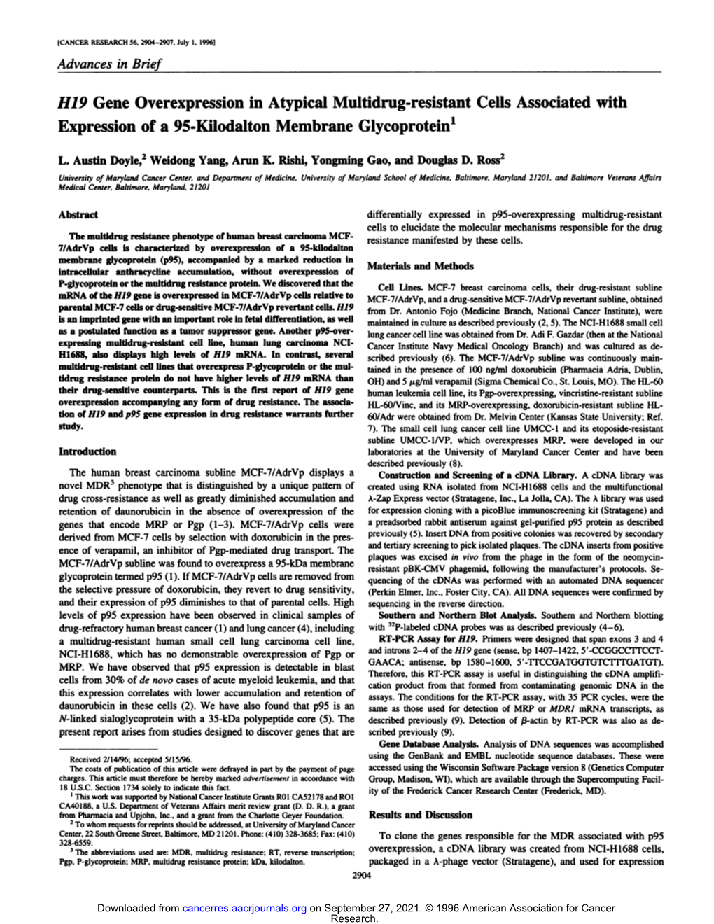 H19 Gene Overexpression in Atypical Multidrug-Resistant Cells Associated with Expression of a 95-Kilodalton Membrane Glycoprotein1