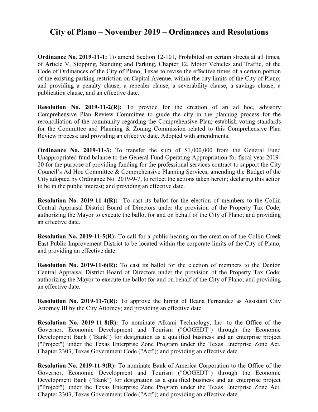 City of Plano – November 2019 – Ordinances and Resolutions