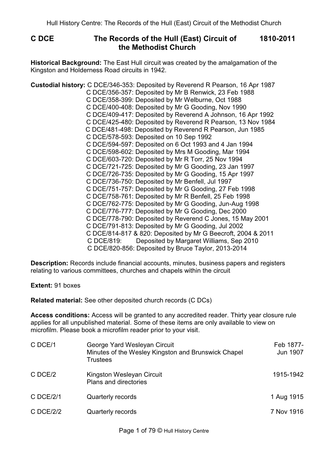 C DCE the Records of the Hull (East) Circuit of 1810-2011 the Methodist Church