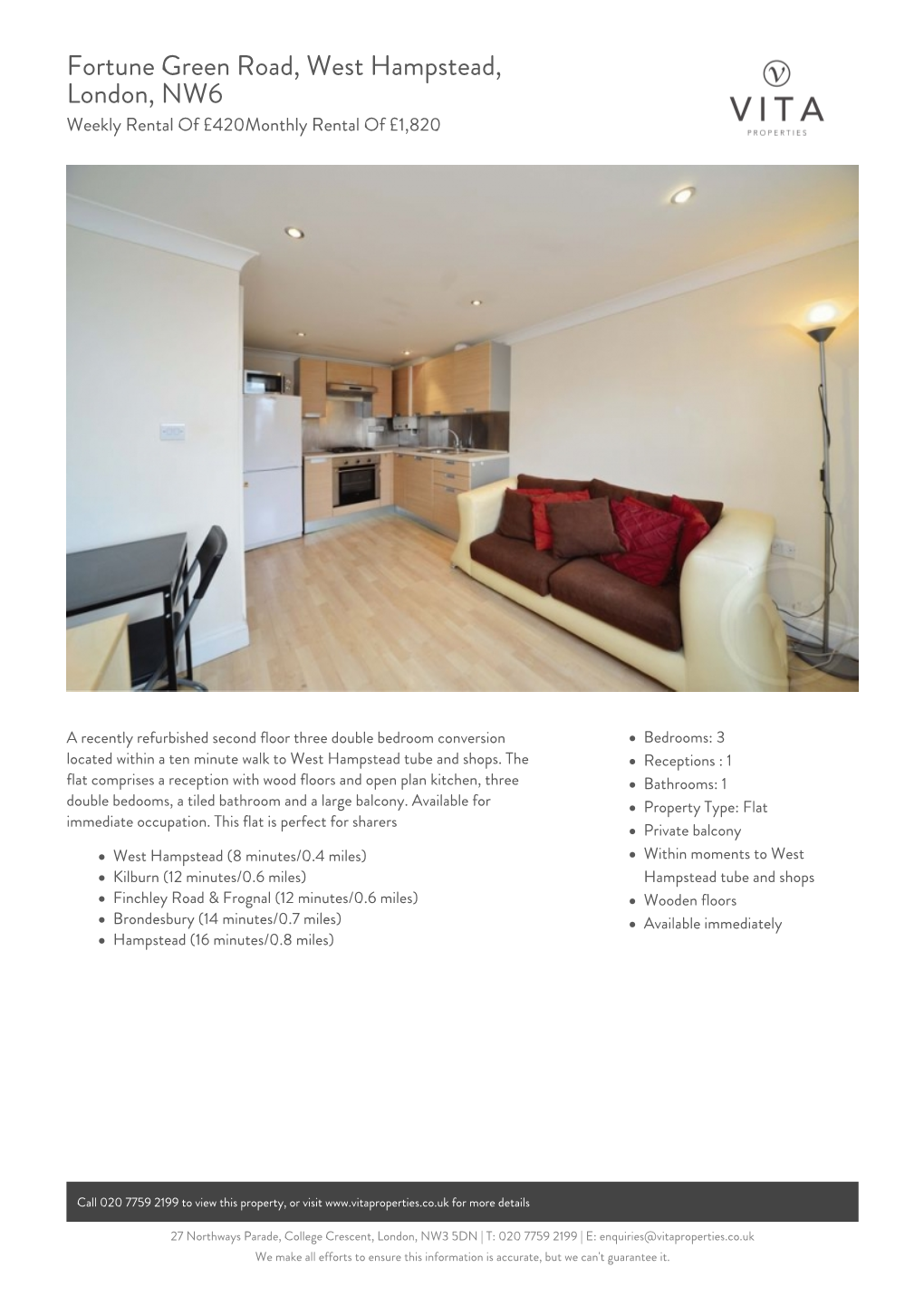 Fortune Green Road, West Hampstead, London, NW6 Weekly Rental of £420Monthly Rental of £1,820