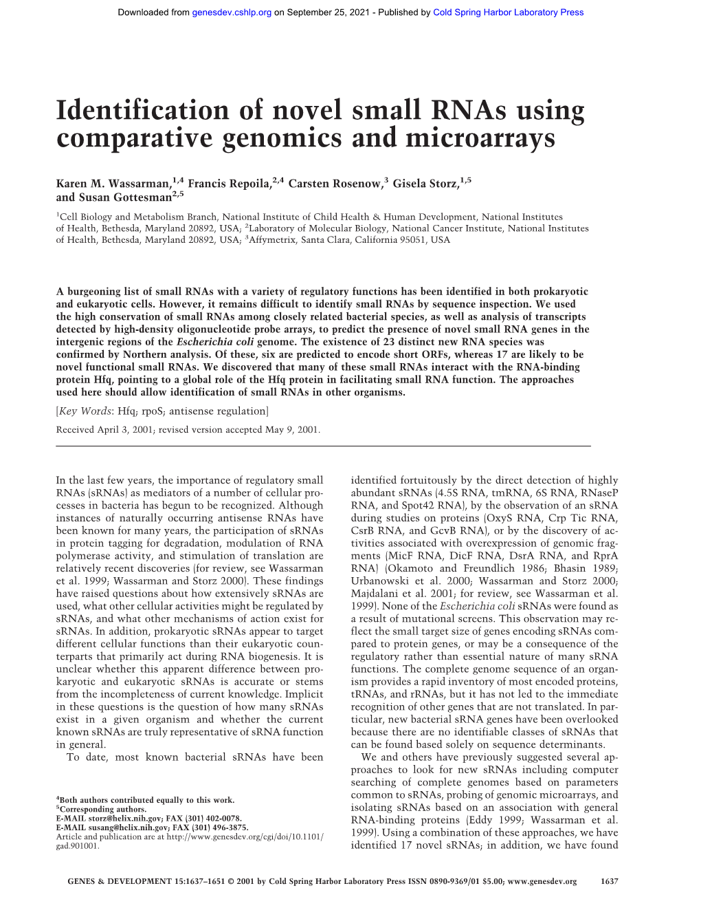 Identification of Novel Small Rnas Using Comparative Genomics and Microarrays