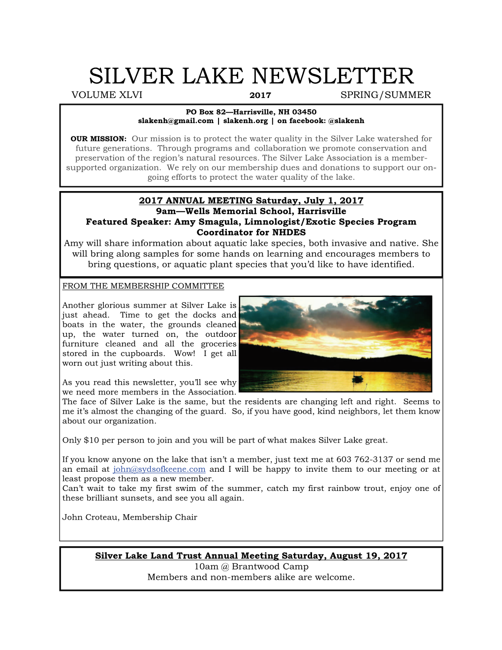 Silver Lake Newsletter Volume Xlvi 2017 Spring/Summer