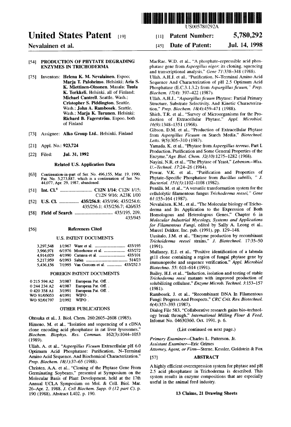 United States Patent (19) 11 Patent Number: 5,780,292 Nevalainen Et Al