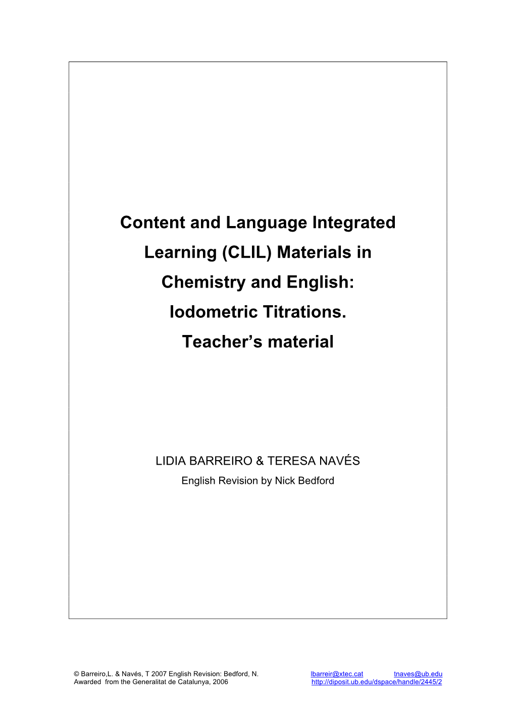 Content and Language Integrated Learning (CLIL) Materials in Chemistry and English: Iodometric Titrations. Teacher's Material