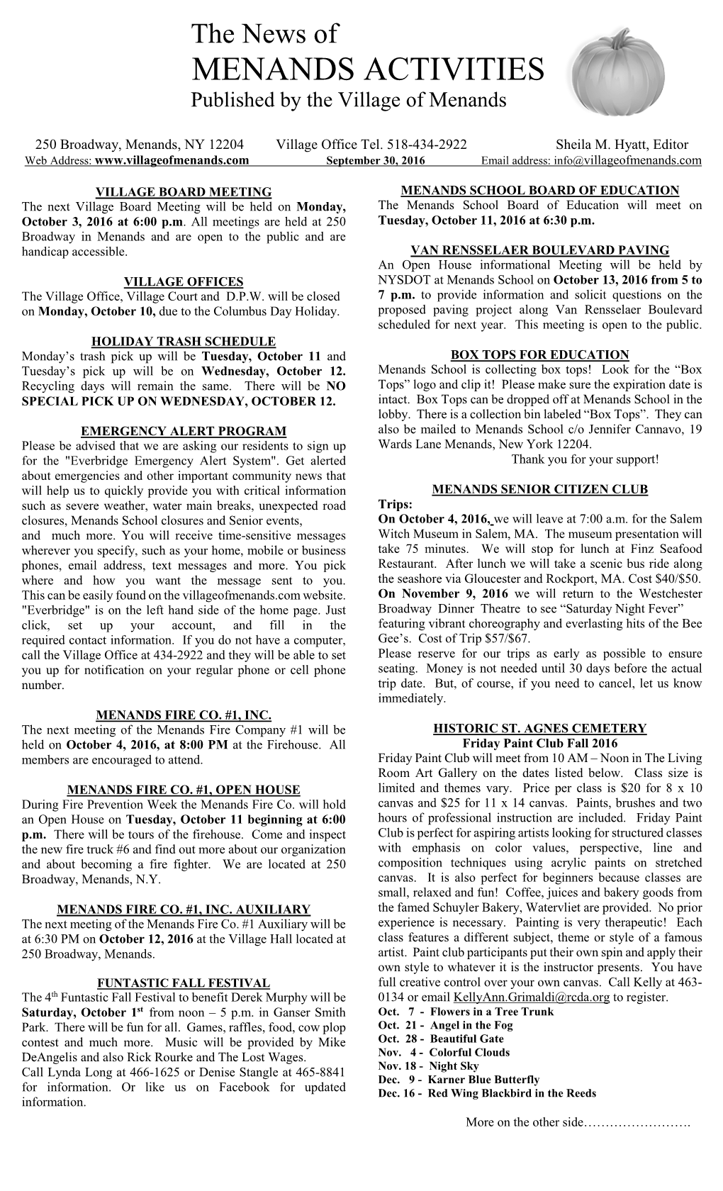 MENANDS ACTIVITIES Published by the Village of Menands