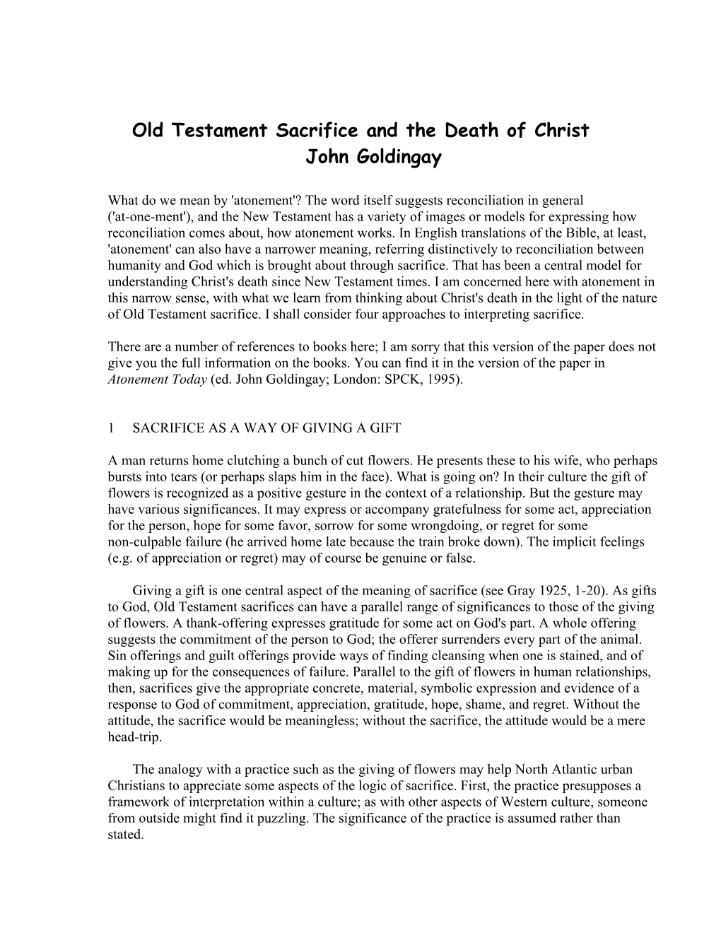 Old Testament Sacrifice and the Death of Christ John Goldingay