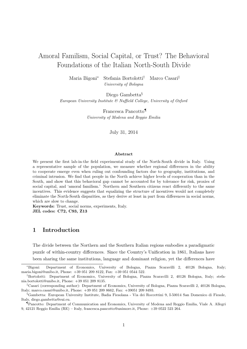 Amoral Familism, Social Capital, Or Trust? the Behavioral Foundations of the Italian North-South Divide