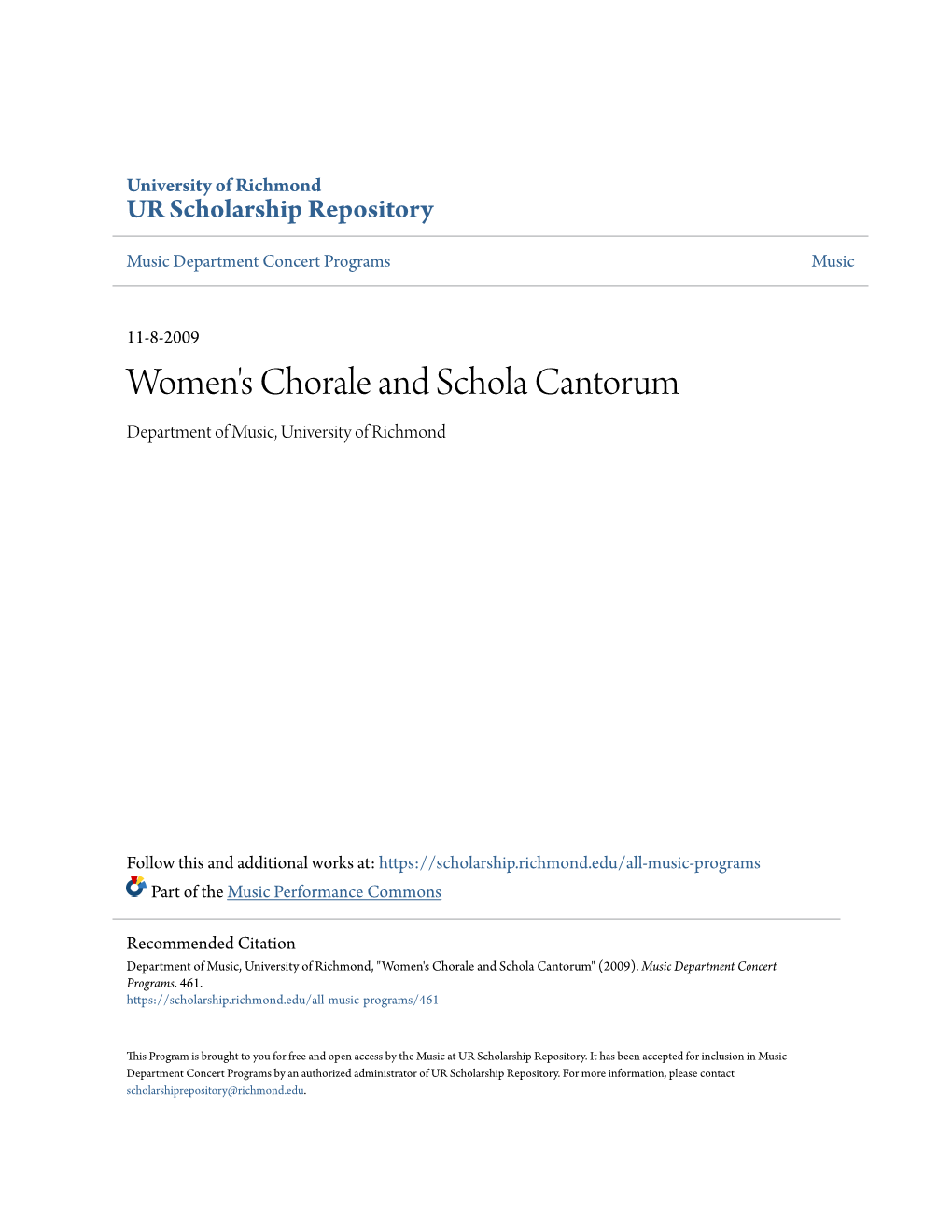 Women's Chorale and Schola Cantorum Department of Music, University of Richmond