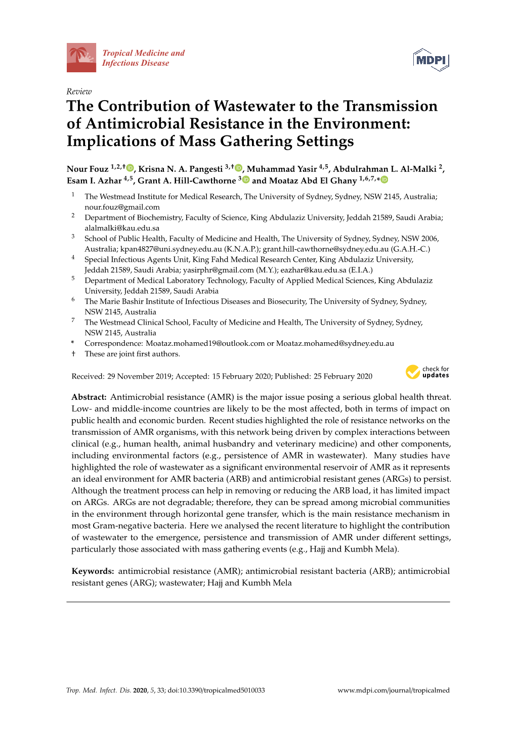 The Contribution of Wastewater to the Transmission of Antimicrobial Resistance in the Environment: Implications of Mass Gathering Settings