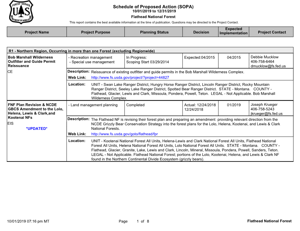 Schedule of Proposed Action (SOPA) 10/01/2019 to 12/31/2019 Flathead National Forest This Report Contains the Best Available Information at the Time of Publication