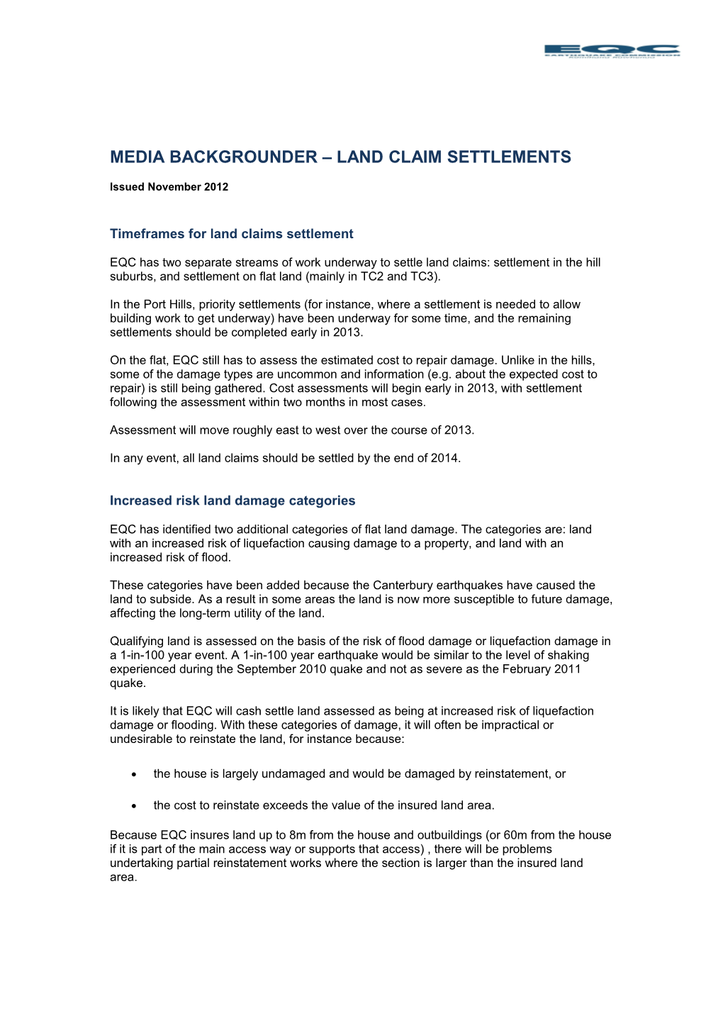 Media Backgrounder - Land Claim Settlements