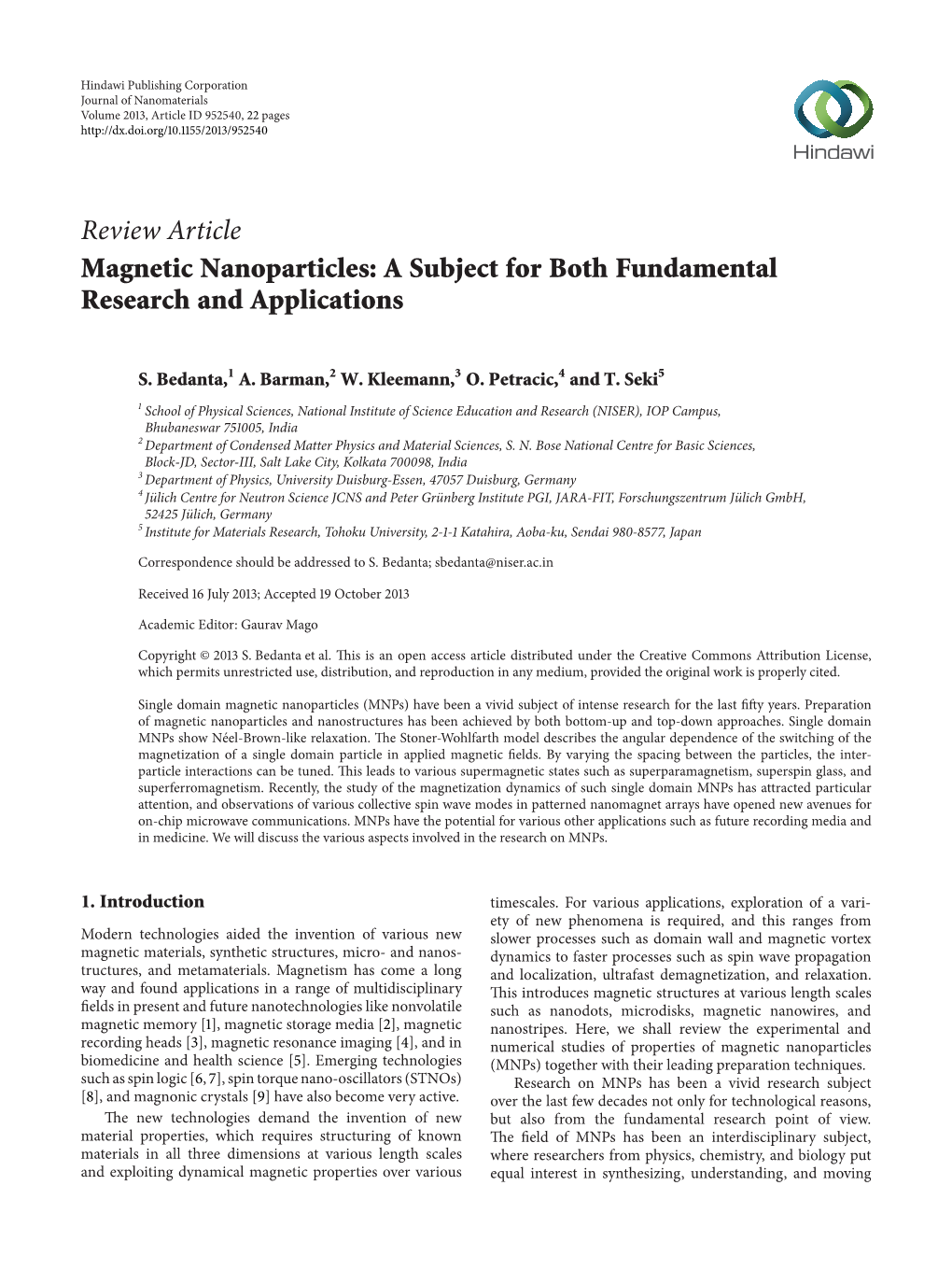 Review Article Magnetic Nanoparticles: a Subject for Both Fundamental Research and Applications